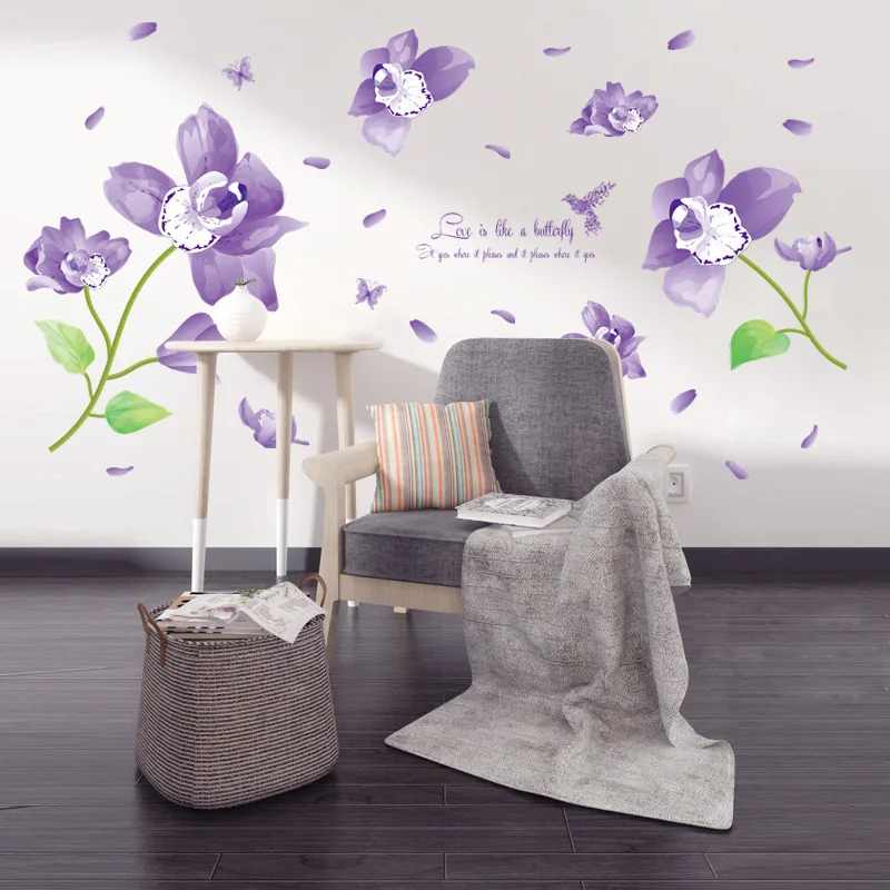 

Dreamy purple flowers wall sticker PVC Material DIY wall decals For Living room TV sofa background wall home decor sticker