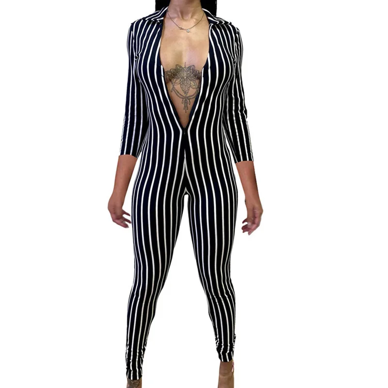 

Women Striped Casual Jumpsuit with Sleeve Sexy Deep V-neck Turn-down Collar Skinny Bodycon Romper and Overalls Combinaison Femme