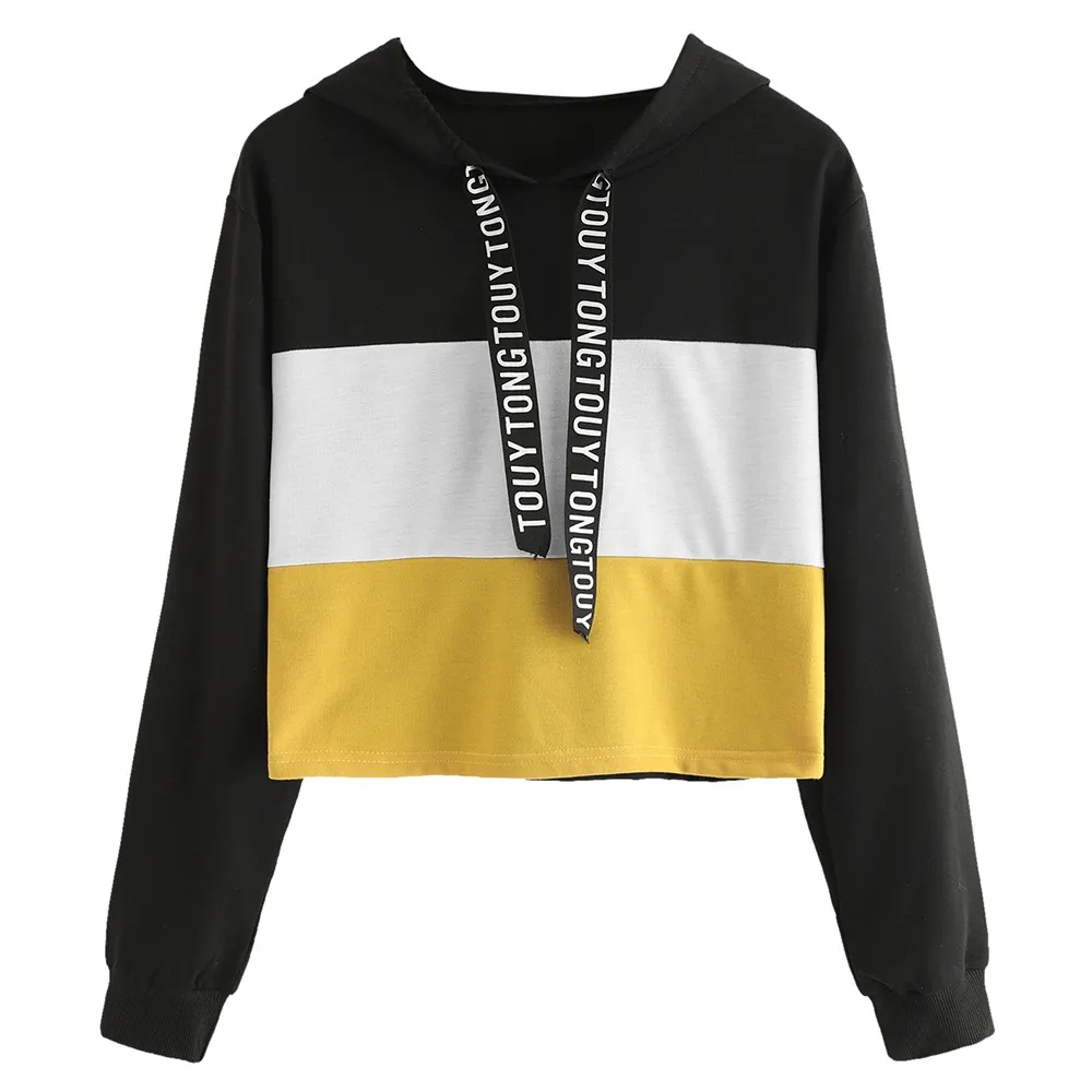 

sweatshirts women 2018 Women's Long Sleeve Letter Print Tape Drawstring Hoodie Colorblock Sweatshirt