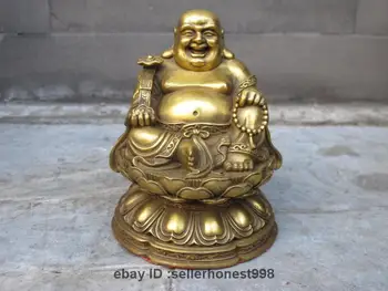 

China Buddhism Temple Brass Copper lotus RuYi Happy Maitreya Buddha Statue