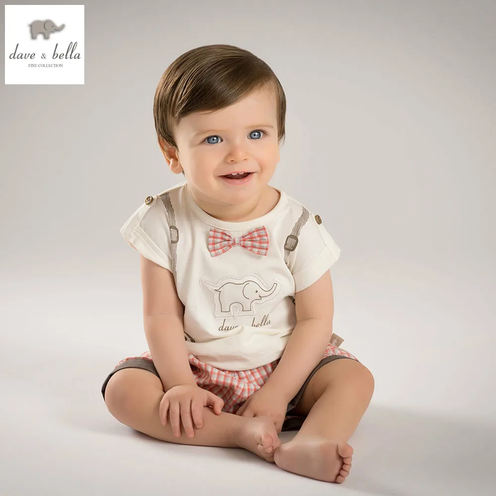 DB4910 dave bella summer baby boys clothing sets beige top plaid shorts