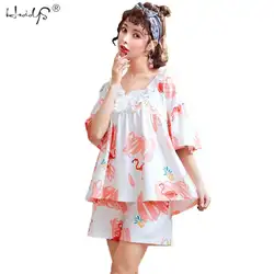 Повседневная Пижама для женщин домашняя одежда Фламинго печати с коротким рукавом + шорты пижамные комплекты для женщин мультфильм пижамы