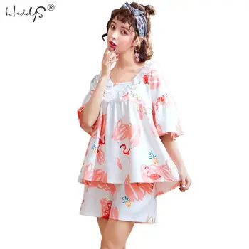 

Casual Pyjamas For Women Homewear Flamingos Print Short Sleeved + Shorts Pajama Sets Women Cartoon Sleepwear Pijama Home Clothes