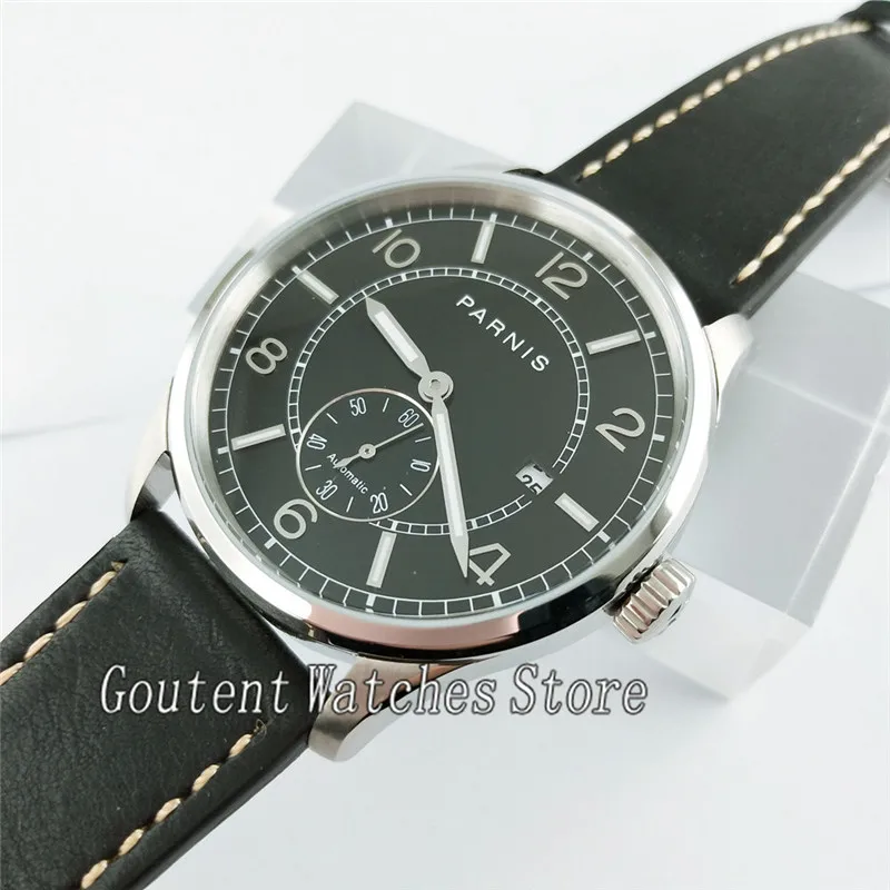 

Parnis 41mm Black Dial Leather Band Stainless Steel Sliver Case Automatic Men Watch 2746