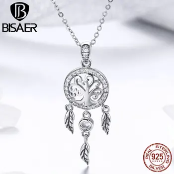 

BISAER 925 Sterling Silver Vintage Dream Catcher Family Tree Leaves Necklaces Pendant Women Sterling Silver Jewelry ECN298