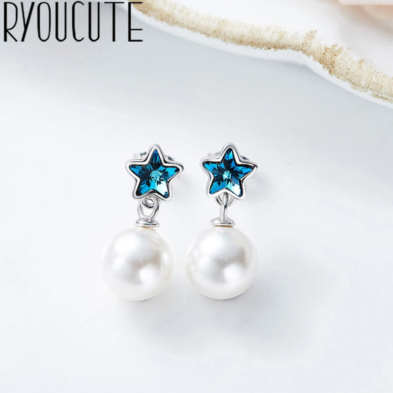 

RYOUCUTE Real 925 Sterling Silver Blue Star Earrings for Women Wedding Jewelry Korean Pure Silver Earring Pendientes Bijoux