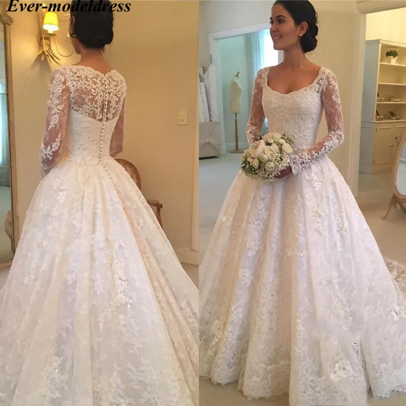 

2019 Long Sleeves Wedding Dresses Lace Ball Gowns Appliues Beaded Button Sweep Train Bridal Gowns Plus Size Vestido De Noiva