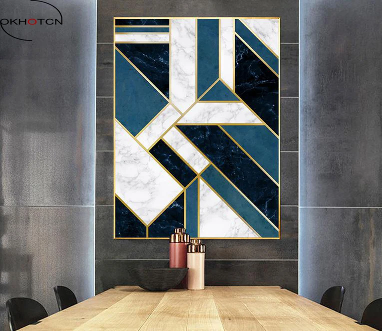 

OKHOTCN Nordic Modern Abstract Blue Black Marble Geometric Gold Line Segmentation Wall Pictures Prints Pop Art Unframed Painting