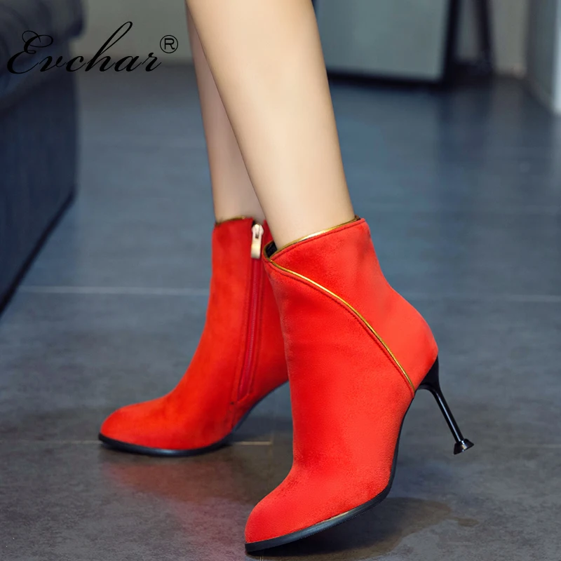 

EVCHAR new Women side zipper strange style super High Heels short plush Boots Ankle Boots for Women sexy Shoes Big Size 32-50