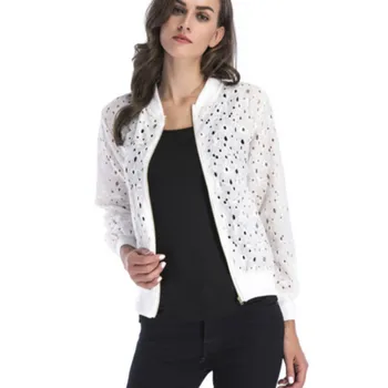 

Flower Lace Sunsreen Baseball Jacket hollow Zipper Gauze Coat Cardigan Long-sleeved sun protection women High waist Tops Spring