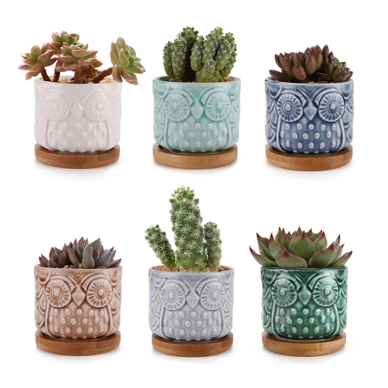 

2.6" Ceramic Owl Succulent Cactus Planter Pot Set with Bamboo Tray , Home Decoration Desktop Windowsill Bonsai Pots Set of 6