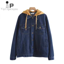 Harajuku джинсовая куртка Для женщин джинсовые пальто женские осенние Винтаж Повседневное с капюшоном тонкая короткая джинсовая куртка женская одежда синий пальто