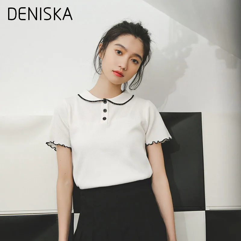 DENISKA 2018 Harajuku Корейский Трикотажные Летний Топ Футболка Кнопки Лацкане Сладкий