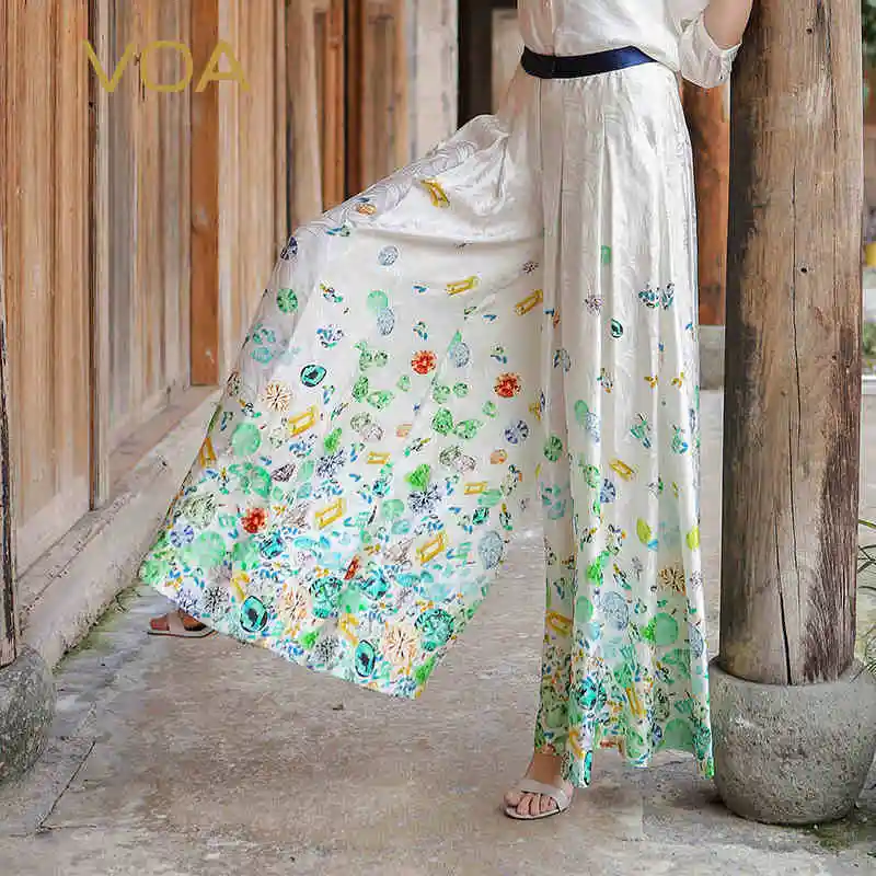 

VOA Print Palazzo Pants Women Loose Plus Size Silk Baggy Trousers Ladies Broeken White Long Pantskirts Harajuku Summer K7582