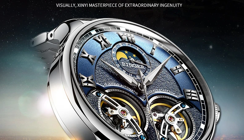 Швейцарские часы Бингер, оригинальные мужские автоматические часы, модные двойные турбийоны, мужские механические наручные часы с кожаным ремешком