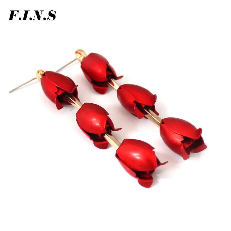 

F.I.N.S Romantic Sweet Rose Earrings For Women Red Alloy Flower Asymmetrical Earings Fashion Jewelry Korean Fashion Drop Earring