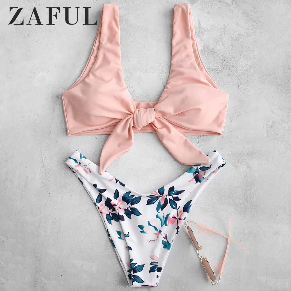

ZAFUL Beachwear Summer Plant Print Tie High Cut Women Set Casual Scoop Collar Padded Crop Top Elastic Shorts Beach Set Suits