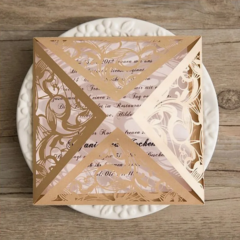 

50pcs gold invitation paper wedding flower laser cutting with envelope