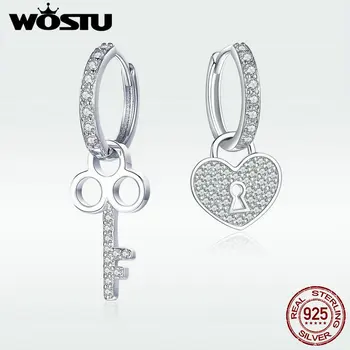 

WOSTU 100% 925 Sterling Silver Key Lock Drop Earrings Zircon Love Heart Dangle Earrings For Women Wedding Fashion Jewelry DXE577