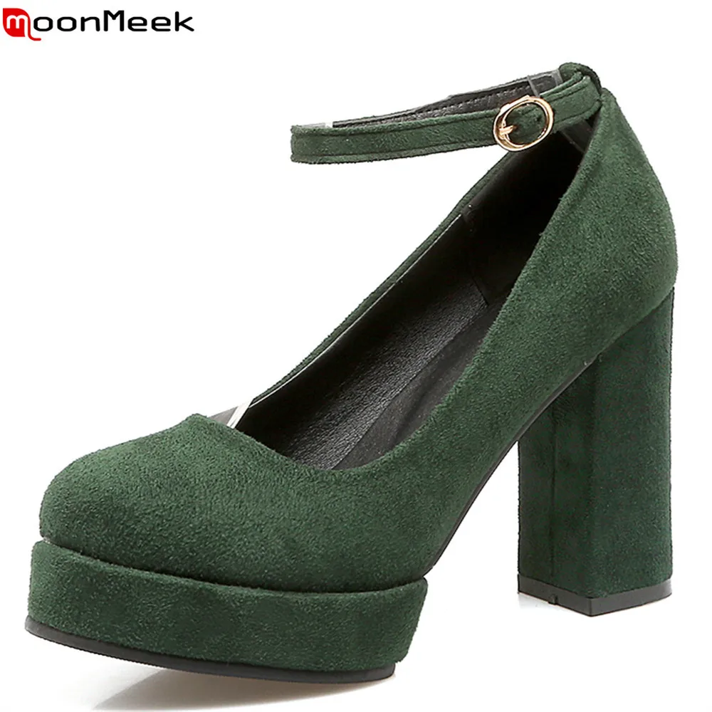 

MoonMeek summer spring square heel platform shoes with buckle extreme high heels round toe flock sexy pumps women shoes