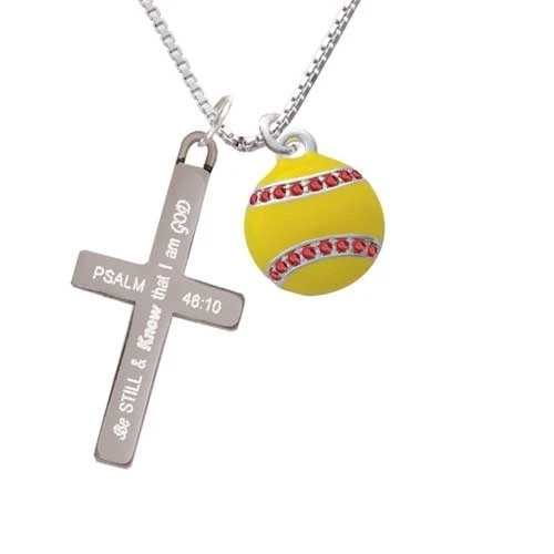 Optic Yellow Softball with Red Crystal Stitching - Be Still and Know - Cross Necklace (1)