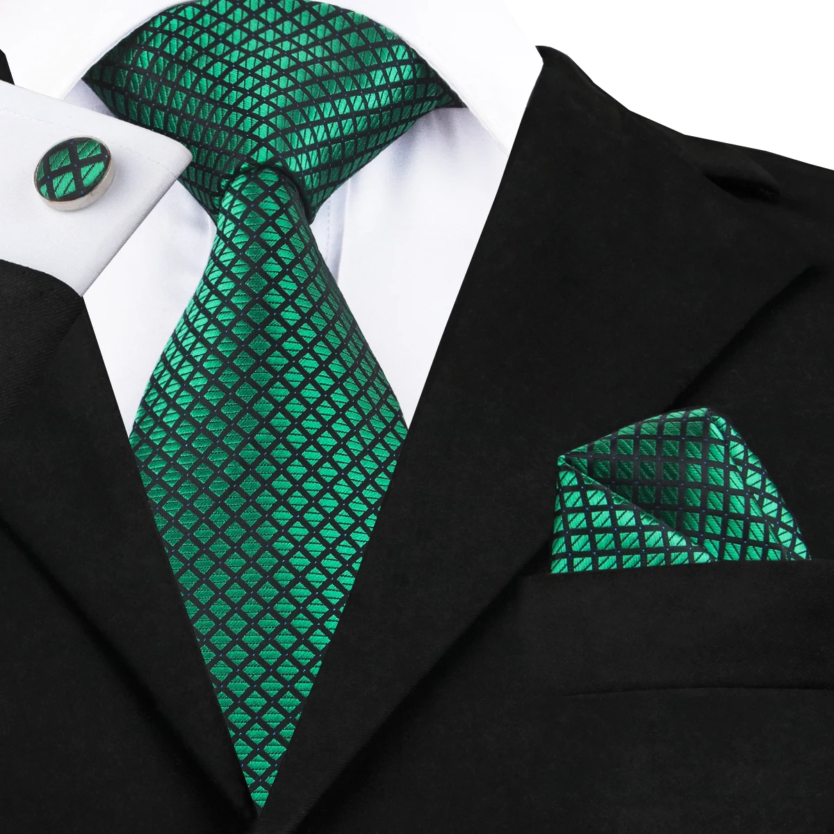 Мужские зеленые галстуки шелковый галстук в клетку клетчатый галстук Блестящий Handky набор запонок Свадебный галстук для костюма Hi-Tie 150 см C-1608