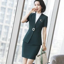 Модные женские костюмы с юбкой для женщин, деловые костюмы, Зеленый Блейзер и пиджак, комплекты с коротким рукавом, Женская Офисная форма, дизайн