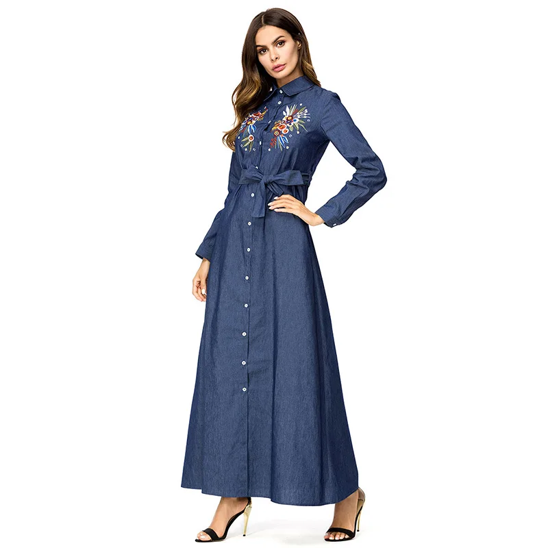ShejoinSheenjoy Embroidery Denim Women Long Dress Turn-down Collar Long Sleeve Autumn Winter Dress Party Casual Ladies Dresses (1)