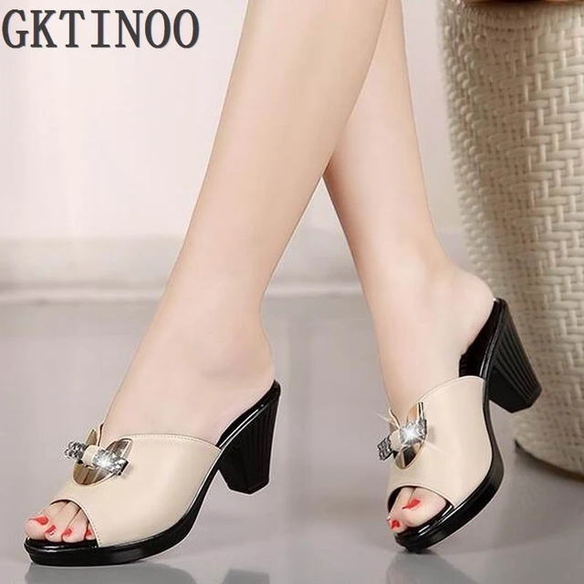 Genuine leather women sandals rhinestone high heel female slippers platform anti-skid sandals women summer shoes A8-1