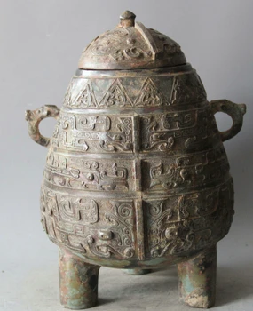 

song voge gem S2274 13" Archaic Chinese Bronze Handle Beast Vessels Ware Wine Water Pot Jar Crock