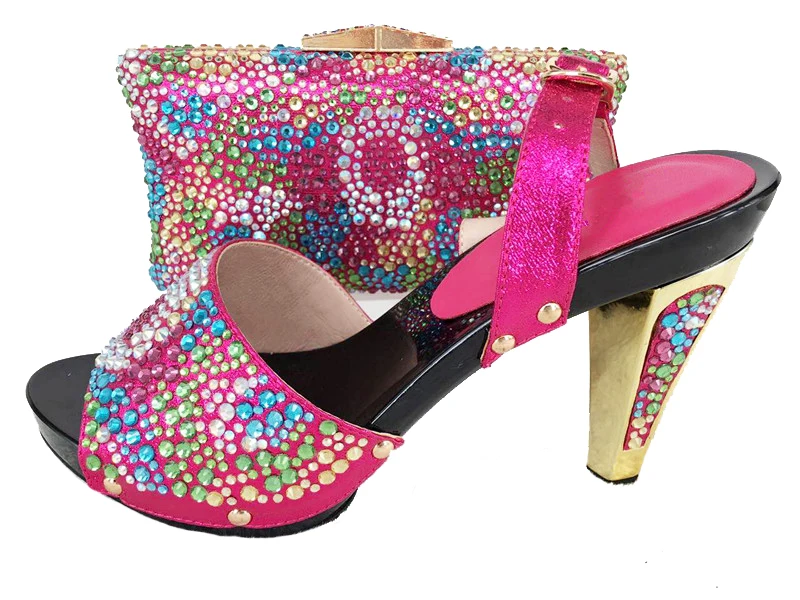 

2017 shoes and bag matching set with colorful rhinestones for your nice tulle lace fabric dress party with free ship HMS0018