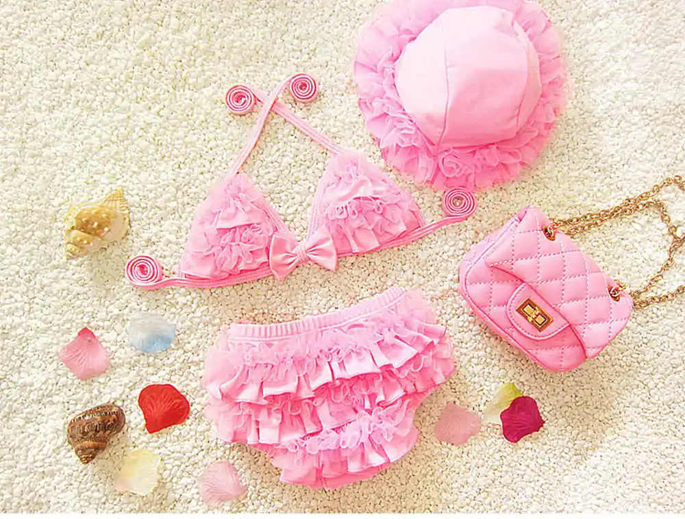 5 цветов, милые кружевные купальники для девочек 0-24 месяцев+ шапочка, купальник для малышей, детское бикини из двух предметов, купальный костюм с пачкой для малышей - Цвет: as photo