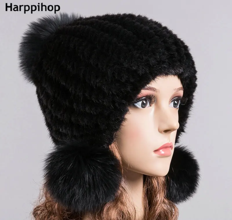 HARPPIHOP разноцветная норковая шапка женская зимняя меховая теплая шапка с ушками модная Милая настоящая норковая вязаная шапка из натурального меха