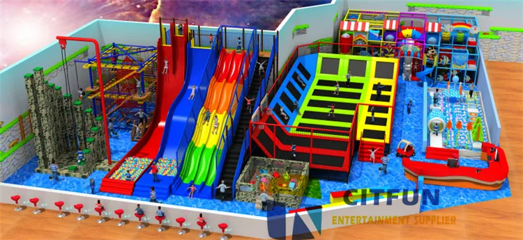 

Customize Giant Multinational Lesuire Park Children's indoor playground with Trampoline big color slides ball pit IP-190A