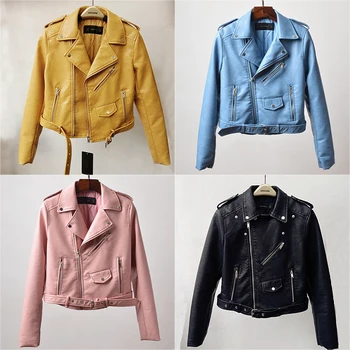 

2017 Fashion Cropped Winter Quilted Motorcycle Jacket Leather Coat Women Black Pink Yellow Blue Burgundy Red