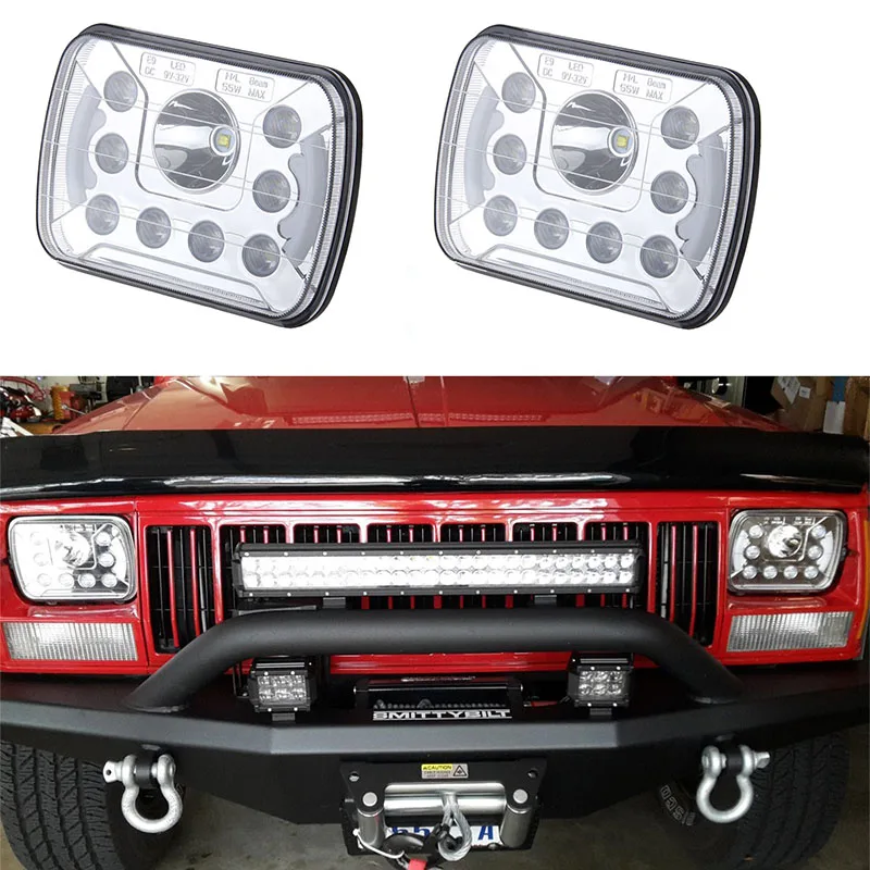 2 Pcs 55W 5*7 Inch Square Headlights With Angel Eyes 6"x7" Off Road DRL