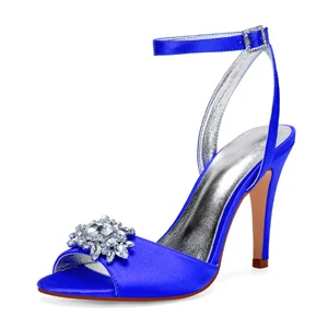 Классические атласные вечерние модельные туфли; босоножки; женские туфли-лодочки; женские туфли на высоком каблуке с перекрестными ремешками на лодыжке и кристаллами; вечерние туфли для выпускного бала - Цвет: Royal blue