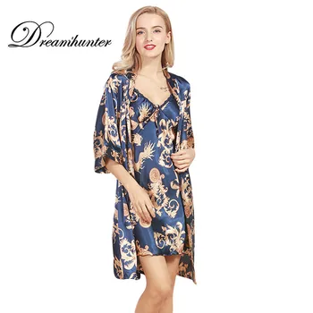 

Sexy Silk two pieces robe and gown sets Women Satin Nightwear Women's Silk Satin Sleepwear Female Night Dress