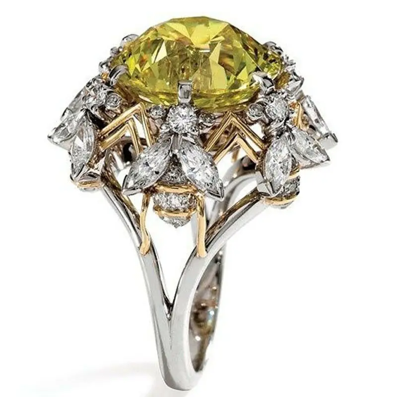 

Quartz&White Crystal Ring 925 Silver Filled Bee Round Cut Yellow Fashion new