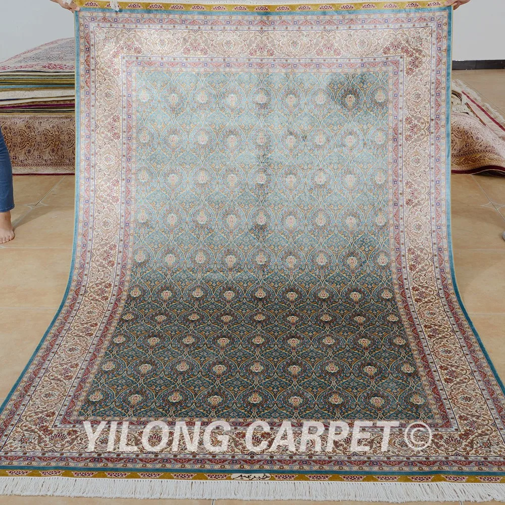 Yilong 5 'x 7 5' Hereke шелковый ковер светло-голубой ручной работы изысканный