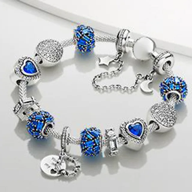

Kristie 100% 925 Sterling Silver Winter Bracelet Set Night Blue Love Heart Charm PAVE SPHERE Chiselled Charm Galaxy Safety Chain