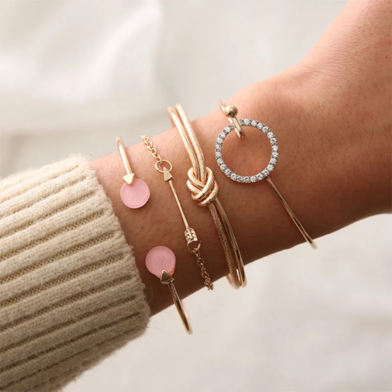 

Punk Bracelets Arrow Knot Round Pink Crystal Gem Multilayer Adjustable Open Bracelet Set Women Fashion Party Gifts