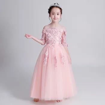 

2018 Autumn New Elegant Princess Flower Girls Dresses For Wedding Kids Pink Lace Formal Birthday Wedding Party Prom Mesh Dress