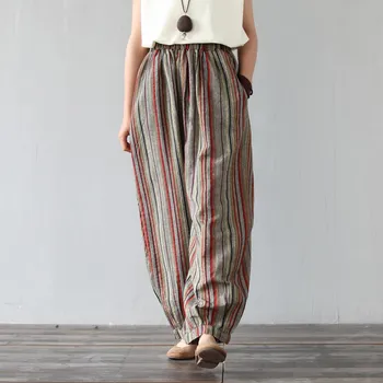

2019 Summer Women Cotton Linen Pants Vintage Elastic Waist Straight Pants Loose Casual Pockets Long Striped Trouser