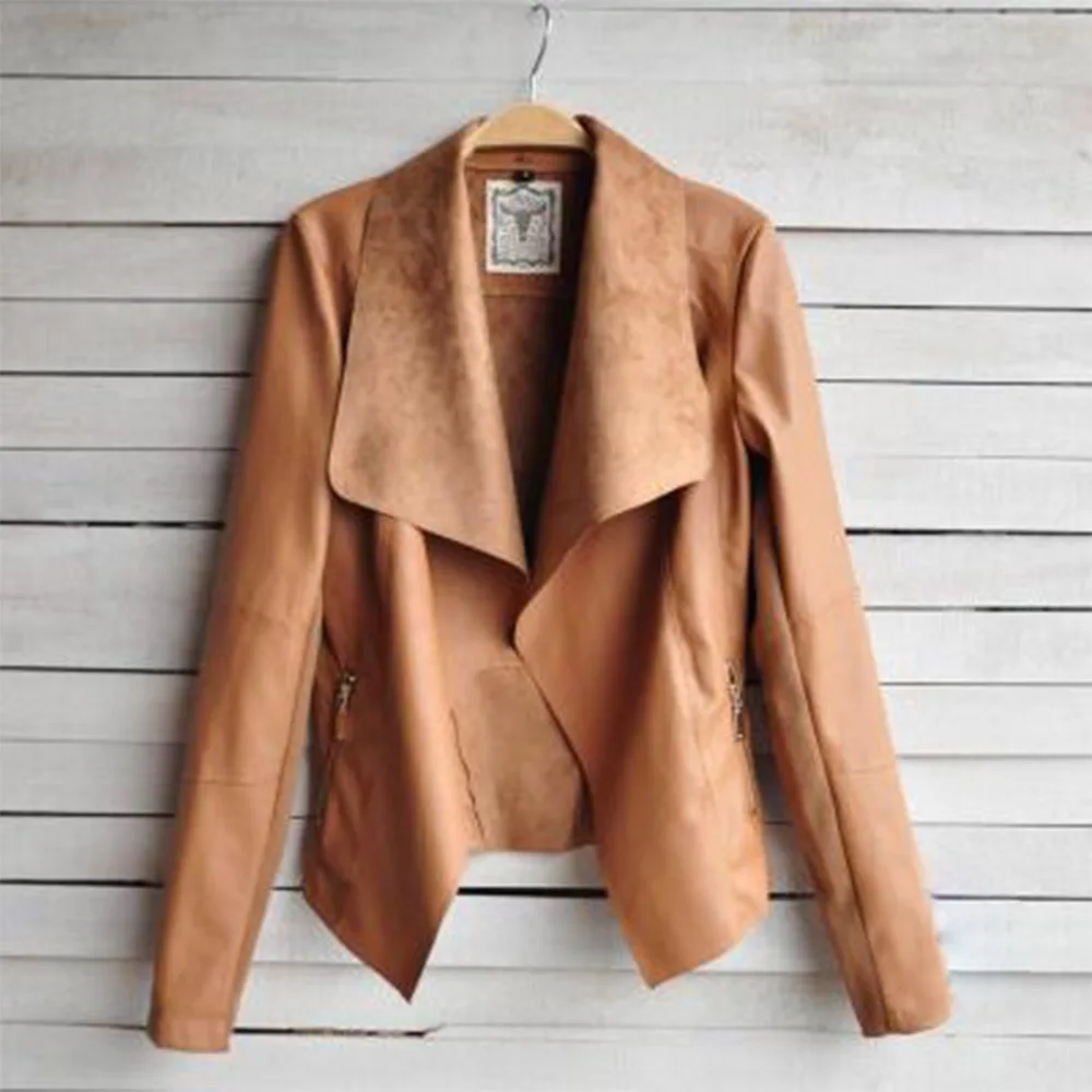

Fashion Casual Jacket Faux Leather Women Pockets Zipper Bomber Woman Coat Full Sleeve Short Autumnpu Spring Jacket Women