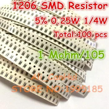 

100pcs/lot 1206 5% 1 Mohm 1M 1000K 105 1/4W 0.25W SMD Resistor 3.2*1.6mm