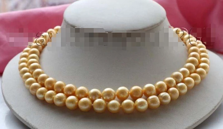 

Fast SHIPPING Double Genuine Natural 10mm Golden Round Pearl Necklace 925silver clasp #f1789! NEW
