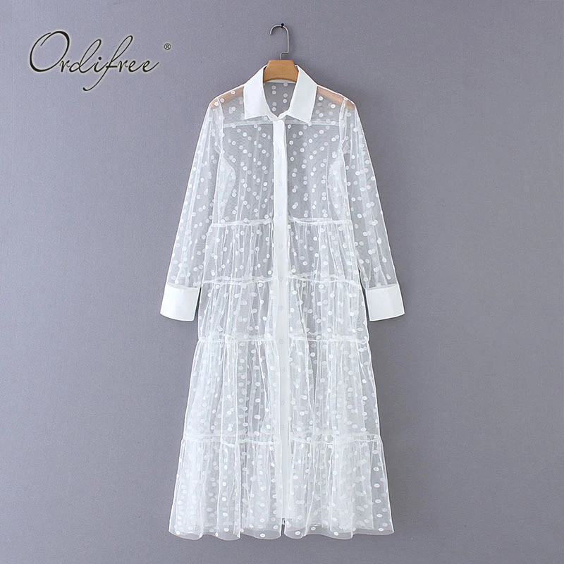 

Ordifree 2019 Summer Women White Maxi Dress Long Sleeve Polka Dot Sext Transparent Long Beach Dress
