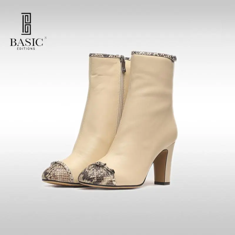 

BASIC EDITIONS Women Leather Square Heel Snakeskin Tip Ankle Boots Free Shipping F1329-57