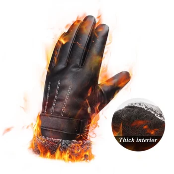 

Full Finger Gloves Men Faux Leather Thick Fluffy Touch Screen Adjustable Windproof Warm Motorcycle Gloves